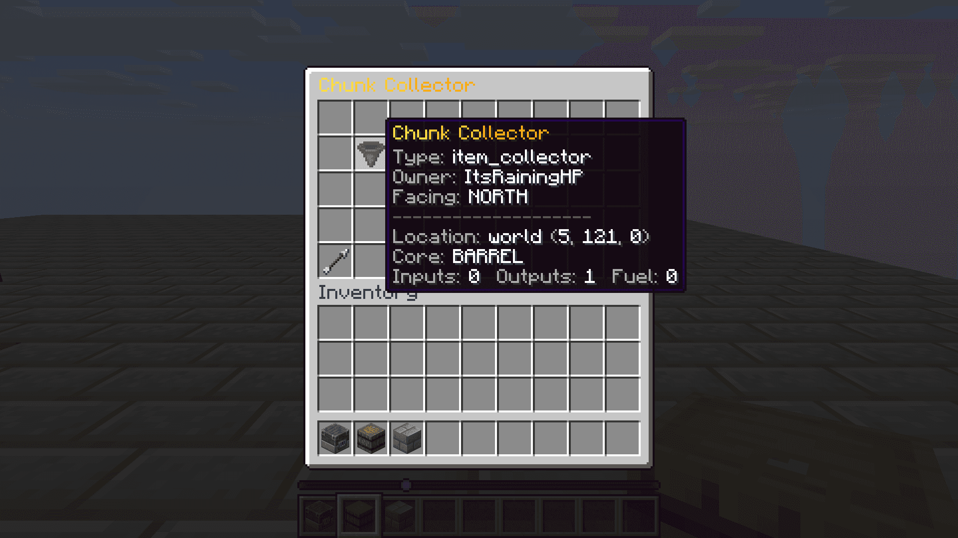 Chunk Collector controller showing its machine type, owner, location, and output count