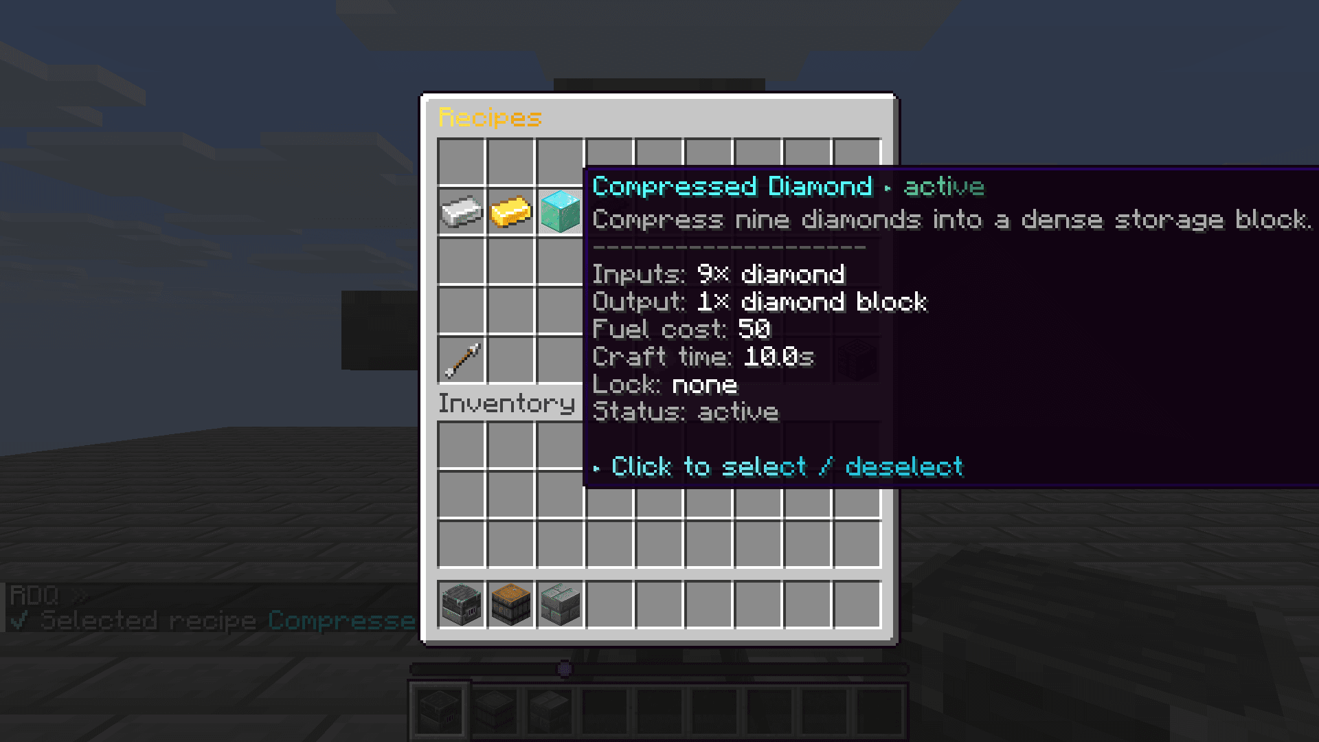 Fabricator recipe view showing nine diamonds, one diamond block, fuel cost, and craft time