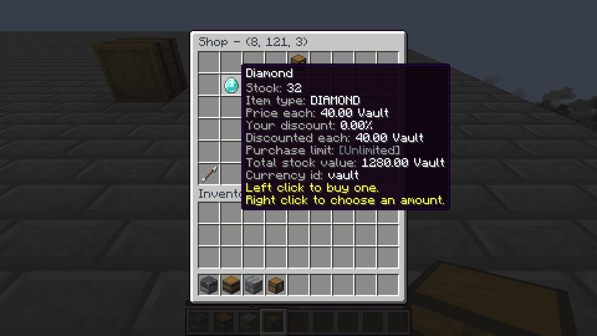 Player shop diamond listing showing stock of 32 and price of 40 Vault currency each