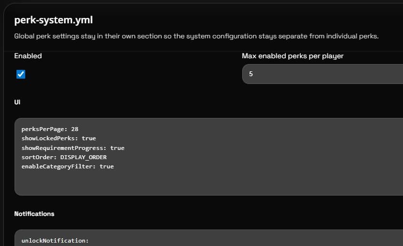 Perks editor system settings section with focused controls for global perk configuration.