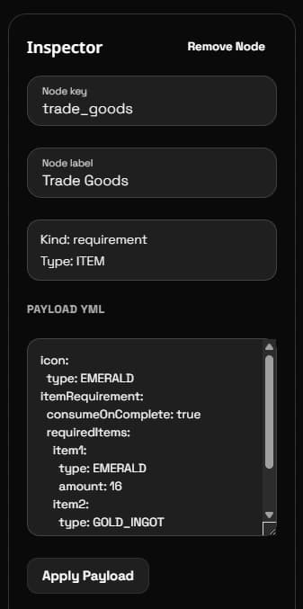 Ranks editor inspector with node details and raw payload YAML controls.