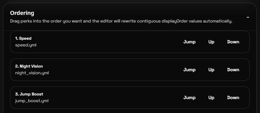 Perks editor ordering controls for arranging perk sequence and GUI order.