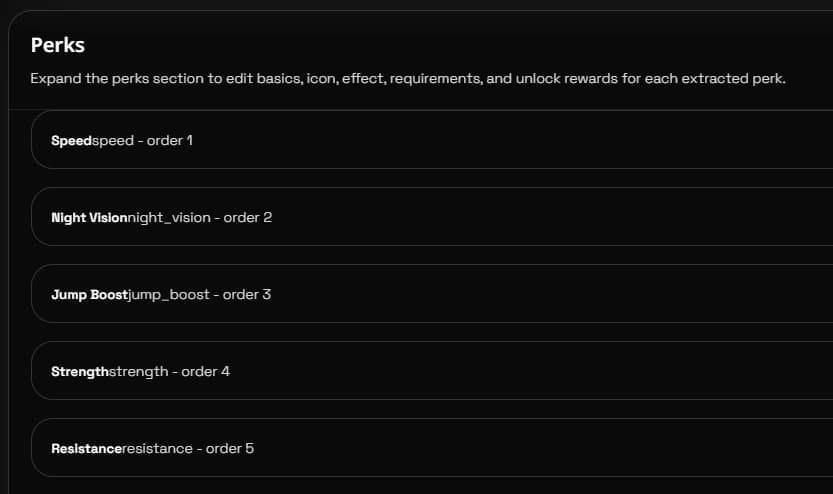 Perks editor card view for editing metadata, effects, requirements, and rewards on a single perk.