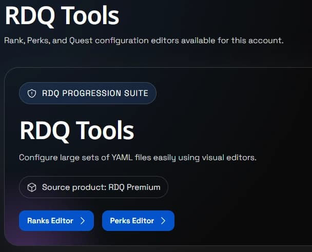RDQ tools page where you choose between the ranks editor and the perks editor.
